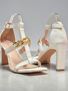 White Block Heel Sandals With Gold Chain Accent T-Strap & Adjustable Buckle Clos